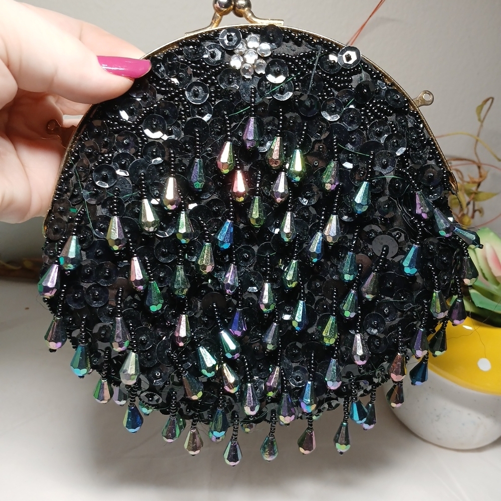 Vintage Black Iridescent Teardrop Beaded Mini Evening Bag Kiss Lock Formal